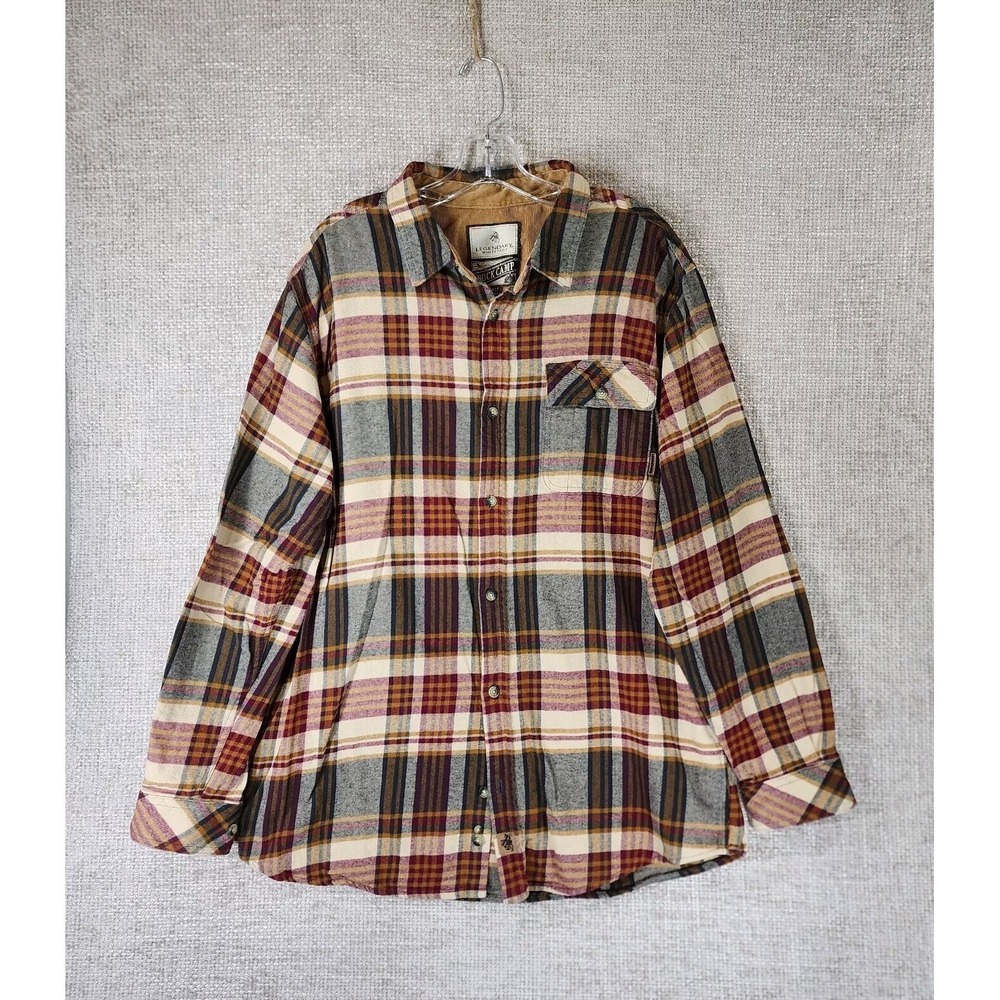 Legendary Whitetails Shirt Men's XLT Buck Camp Button Down Flannel Plaid Tan Red